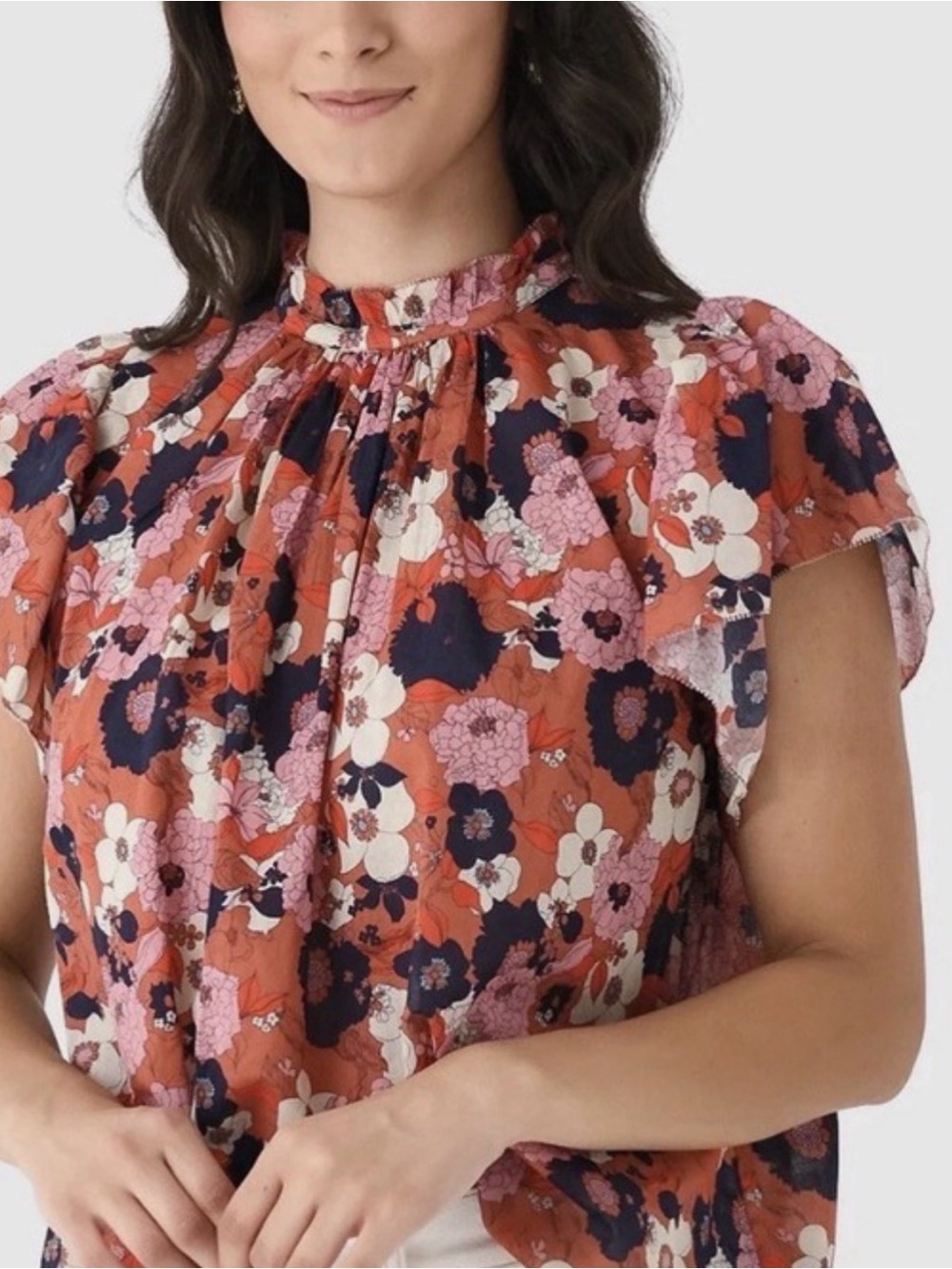 Trovata Floral Ruffle High-Neck Blouse - Rust Pink Navy Cream